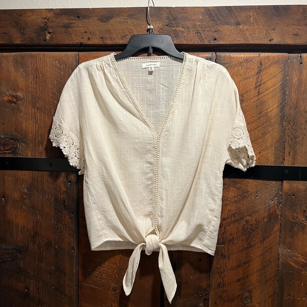 Max Studio Ivory Tie-Front Blouse with Lace Sleeves